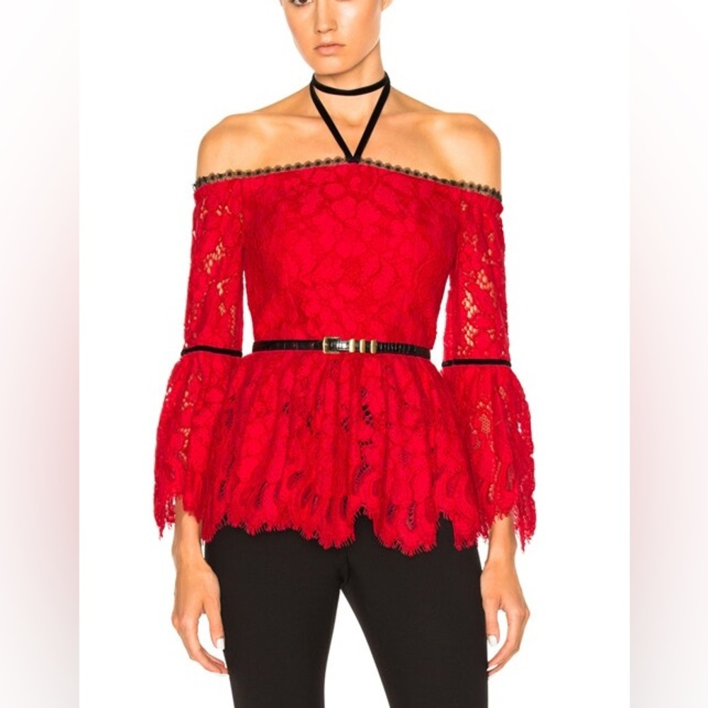 ALEXIS Intermix “Grace” red lace off shoulder peplum top S Christmas Valentines